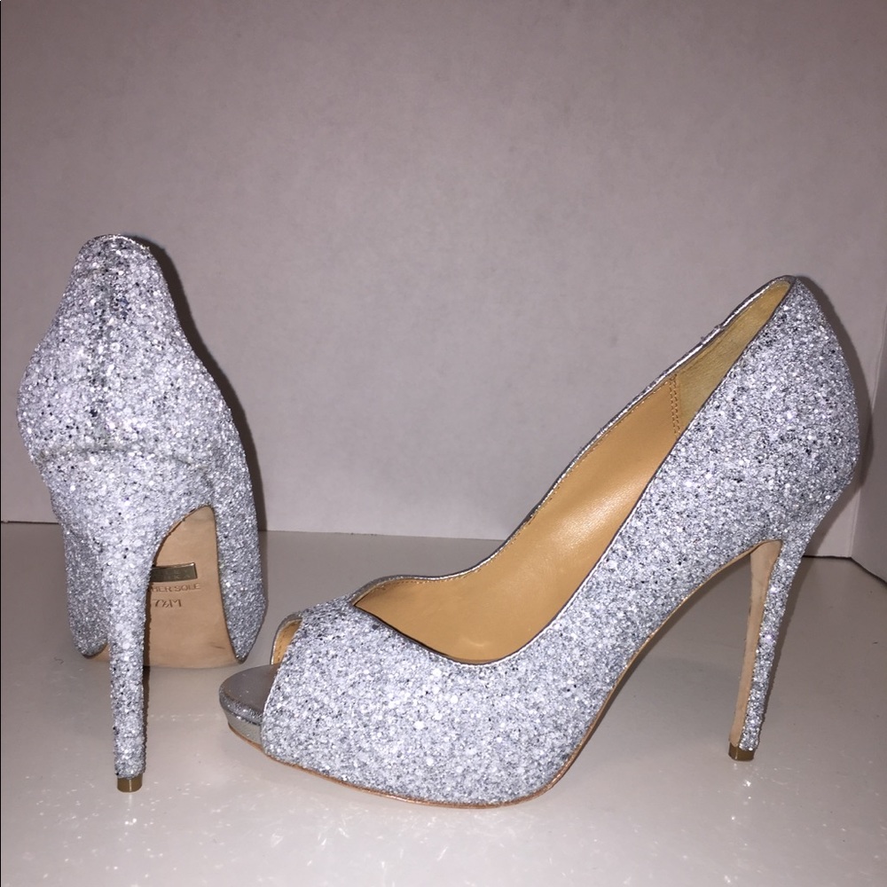 Badgley Mishka Peep Toe Glitter Pumps